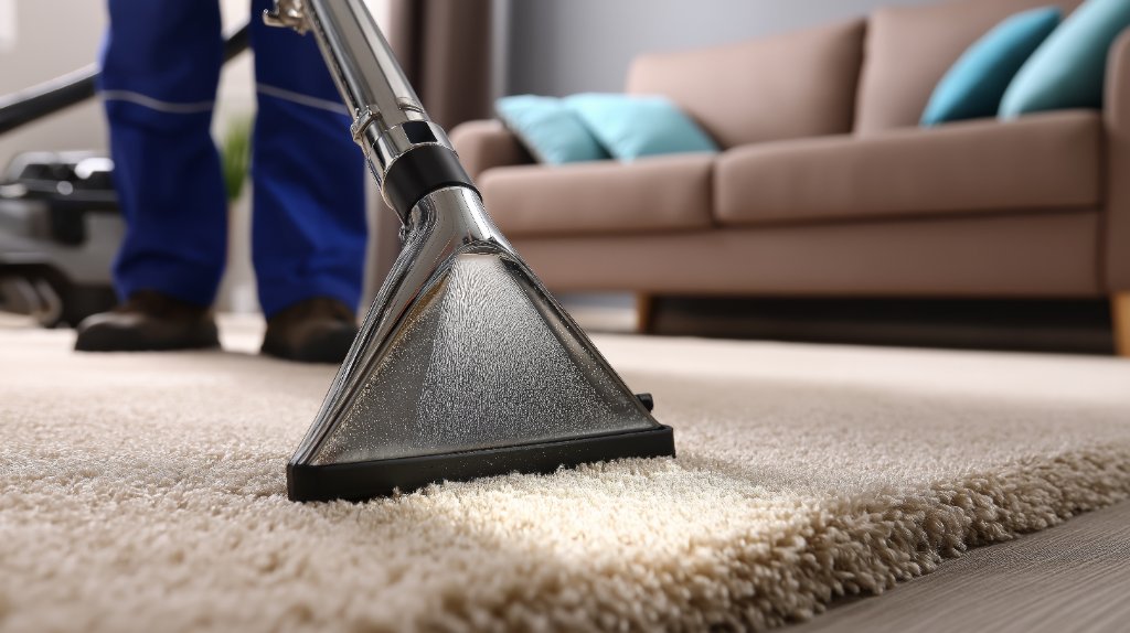 Close-up of a professional hot water extraction carpet cleaning wand in action