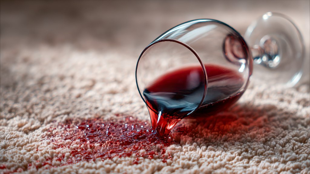 Red wine spilled from a glass onto cream carpet