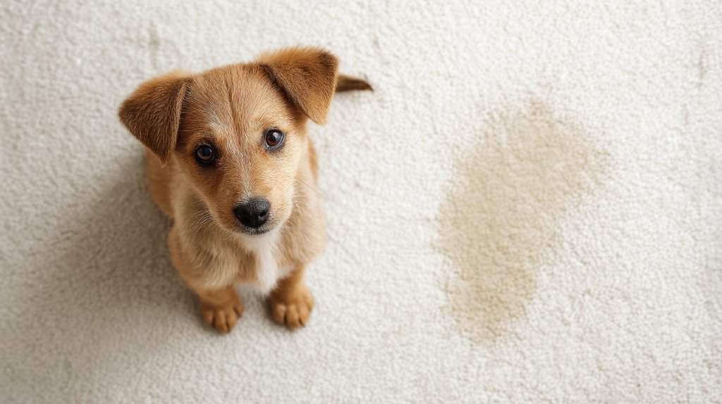 Puppy sitting next to a pet stain on carpet — Steam Lion specializes in pet odor and stain removal