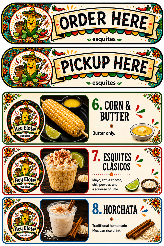 Hey Elote menu, items 6 to 8