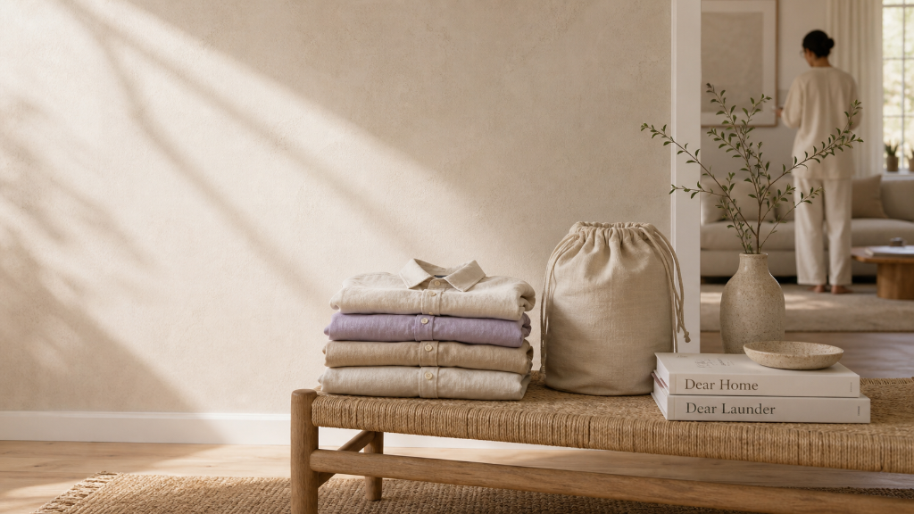 Neatly folded laundry, a linen bag, and a vase on a rattan bench