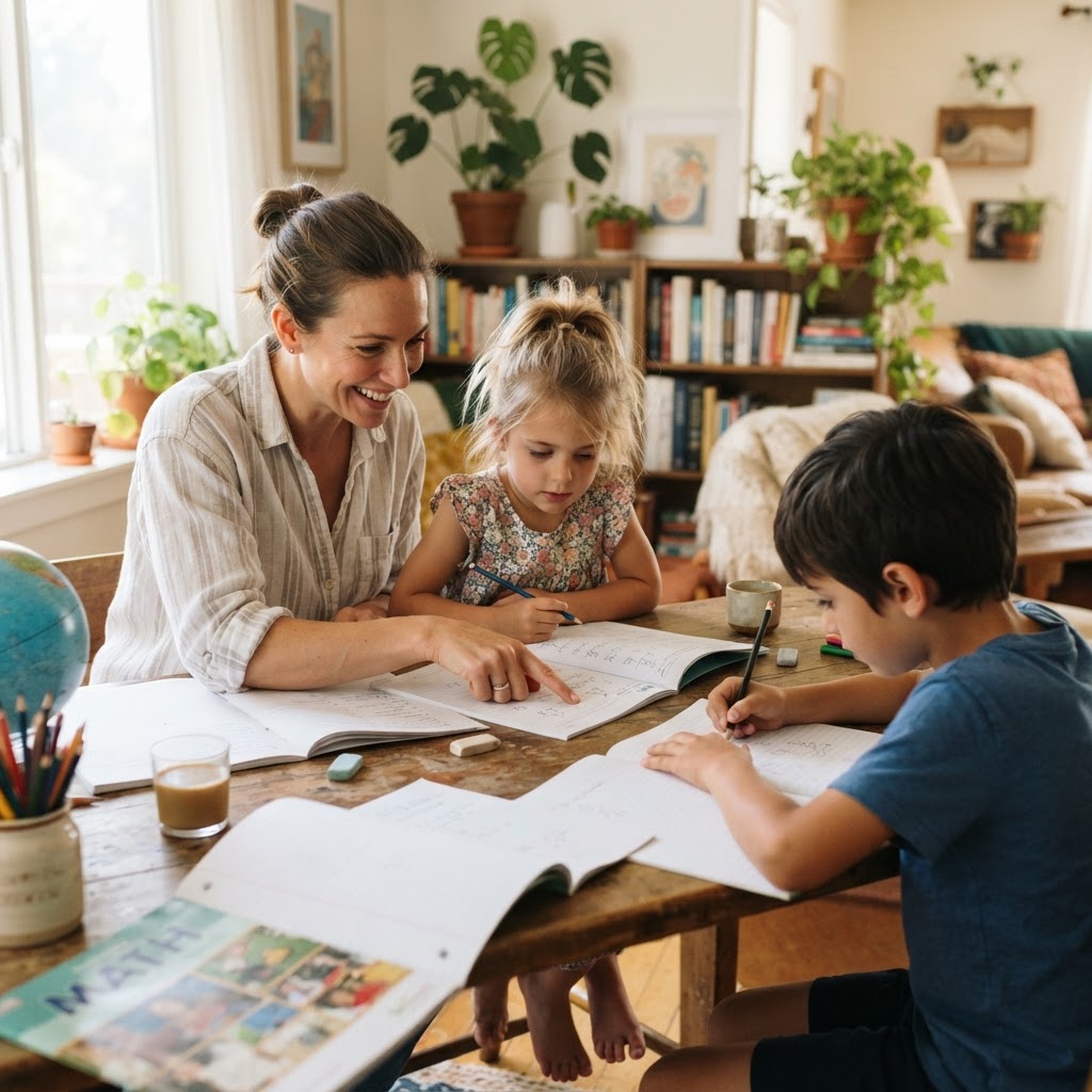 A homeschooling parent and children learning together at a kitchen table