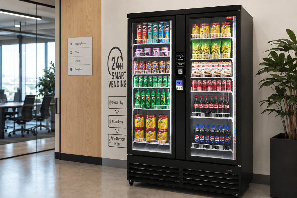 AI-powered smart vending cooler in a modern office breakroom providing workplace amenities and cashless refreshments