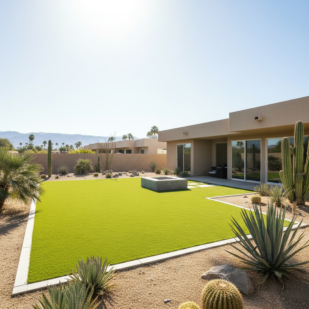 Hot artificial turf in a desert backyard