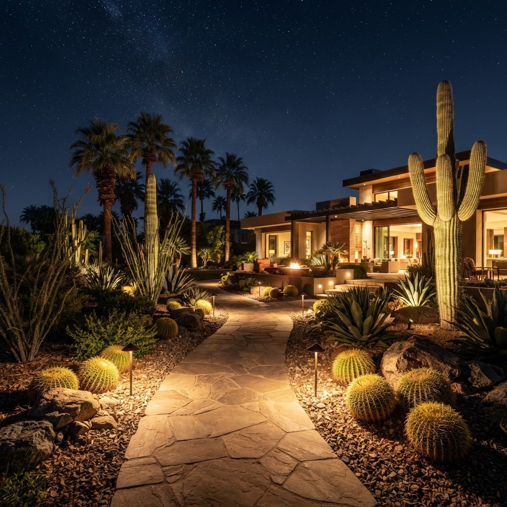 Illuminated desert landscape at night