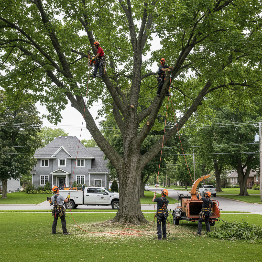 Arboristes professionnels abattant un arbre dans un quartier résidentiel de Laval