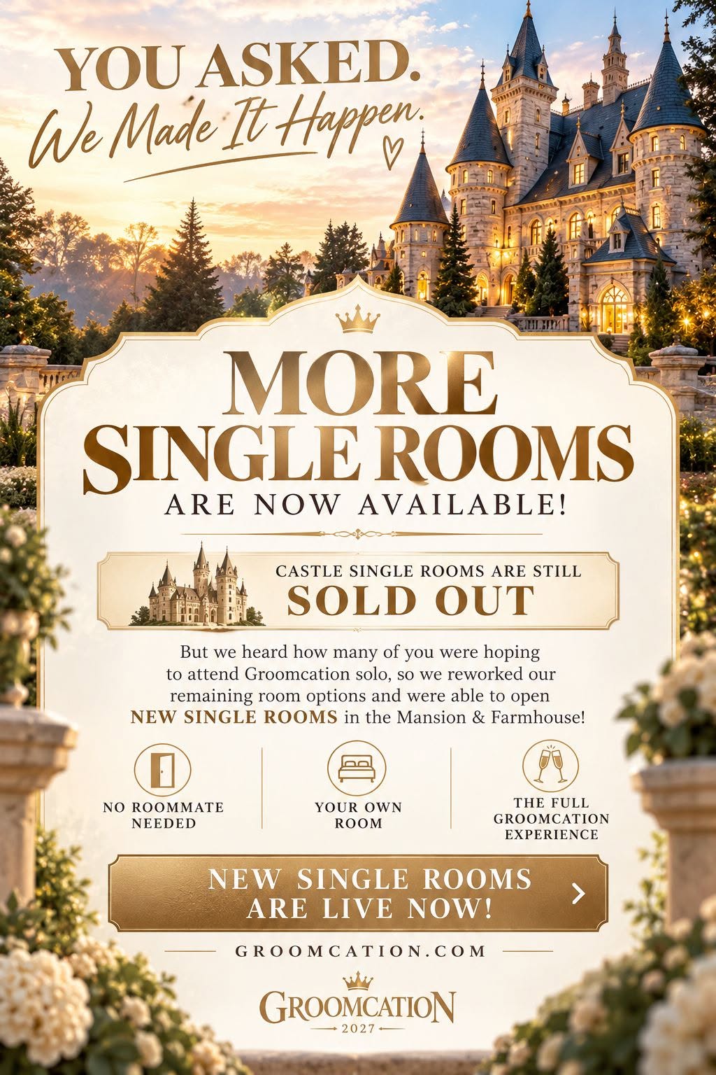 New single rooms available in the Mansion and Farmhouse for Groomcation 2027
