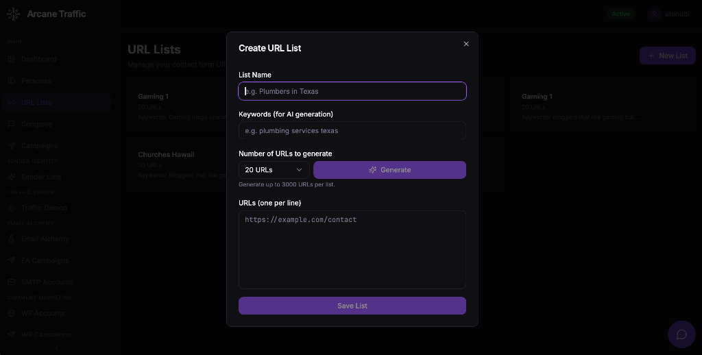 Create URL List modal with AI generation