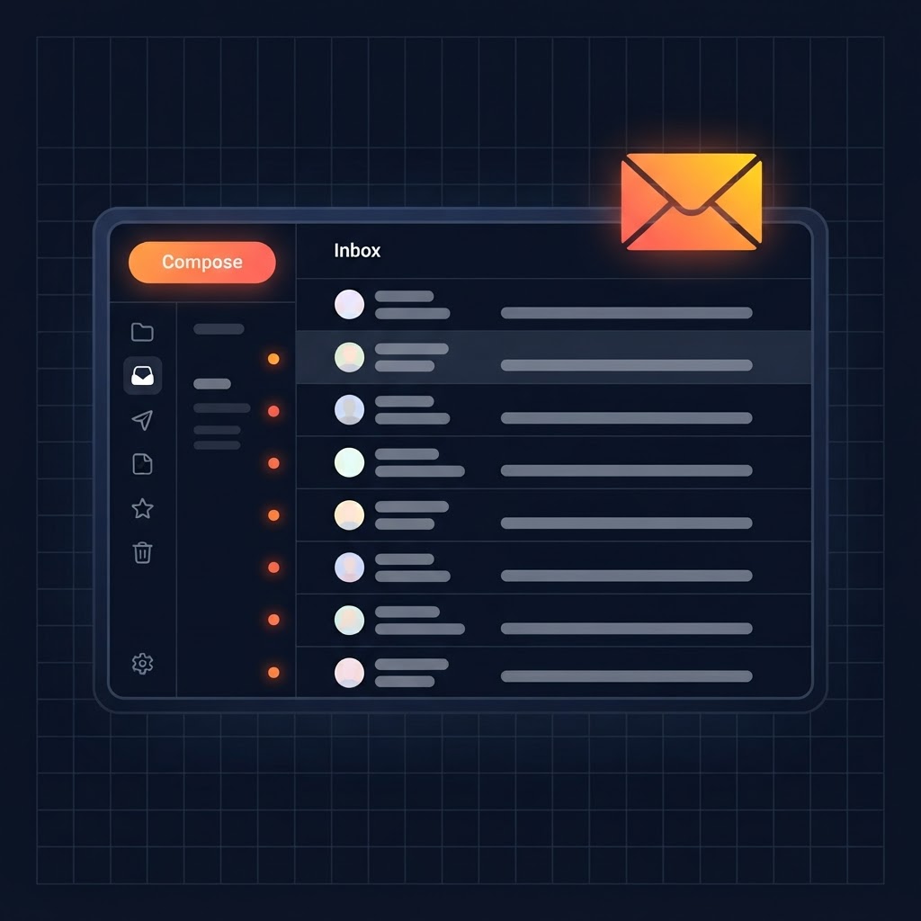 The inbox system KodeMail's prompts build, showing folders and messages for a custom domain address