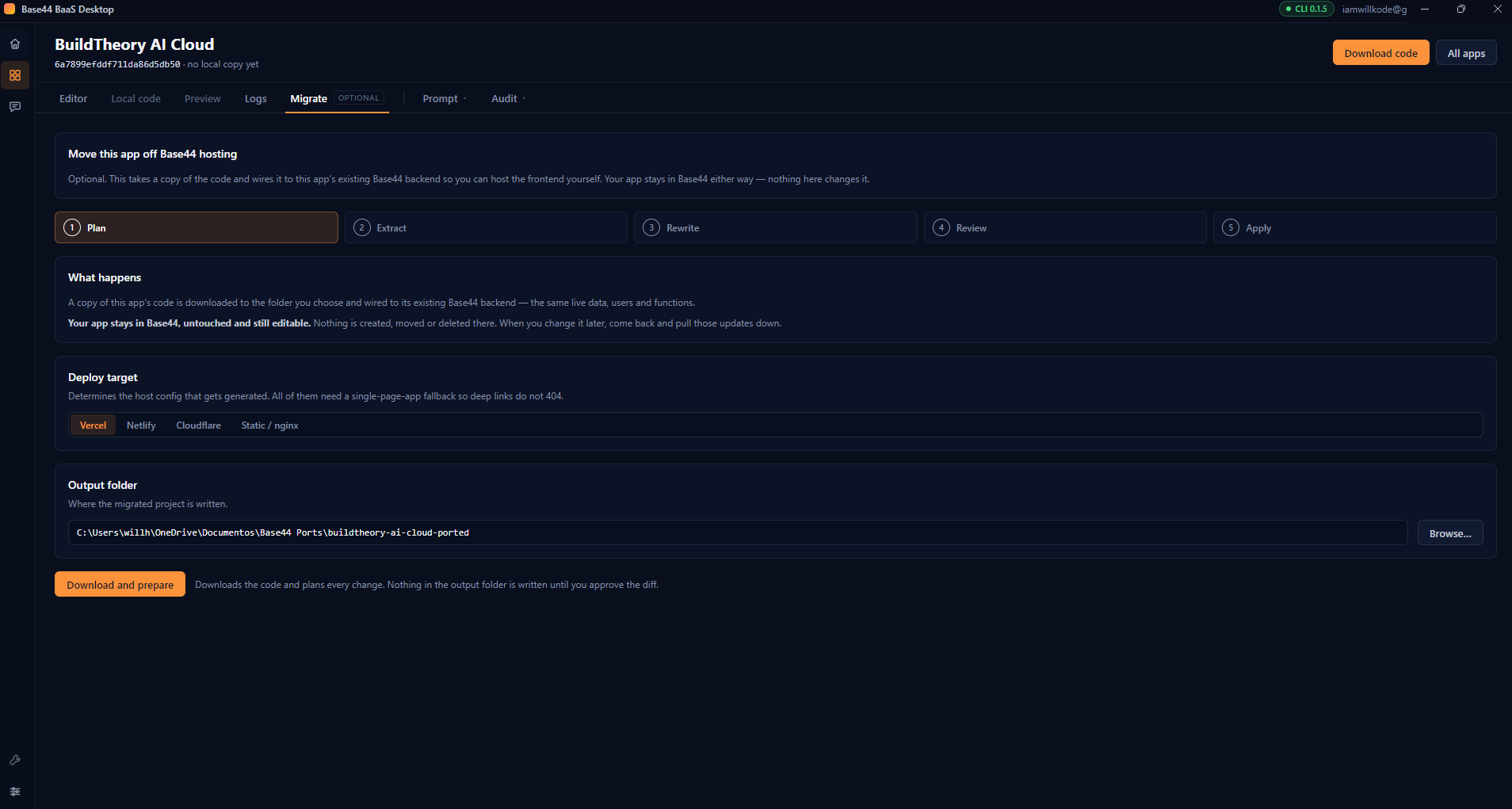 The optional Migrate tab showing the plan, extract, rewrite, review and apply steps