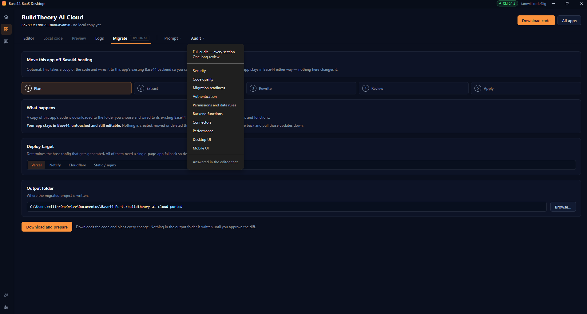 The Audit menu open, listing security, code quality, permissions and other reviews