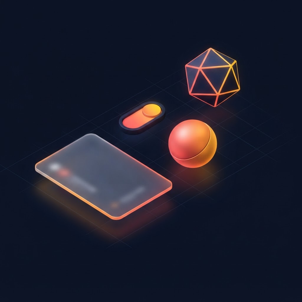 3D UI elements — glass card, button orb, toggle and geometric hero object