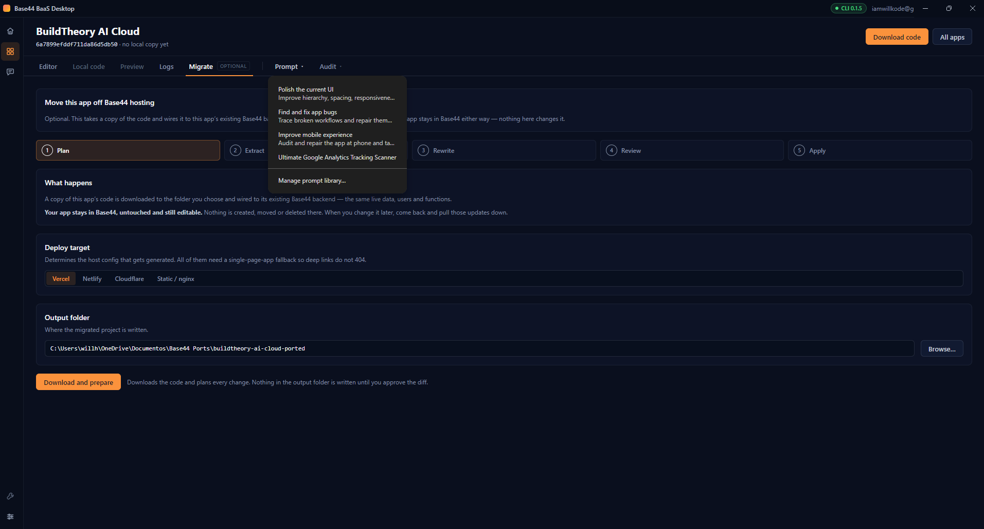The Prompt menu open, showing saved prompts ready to send into the editor chat