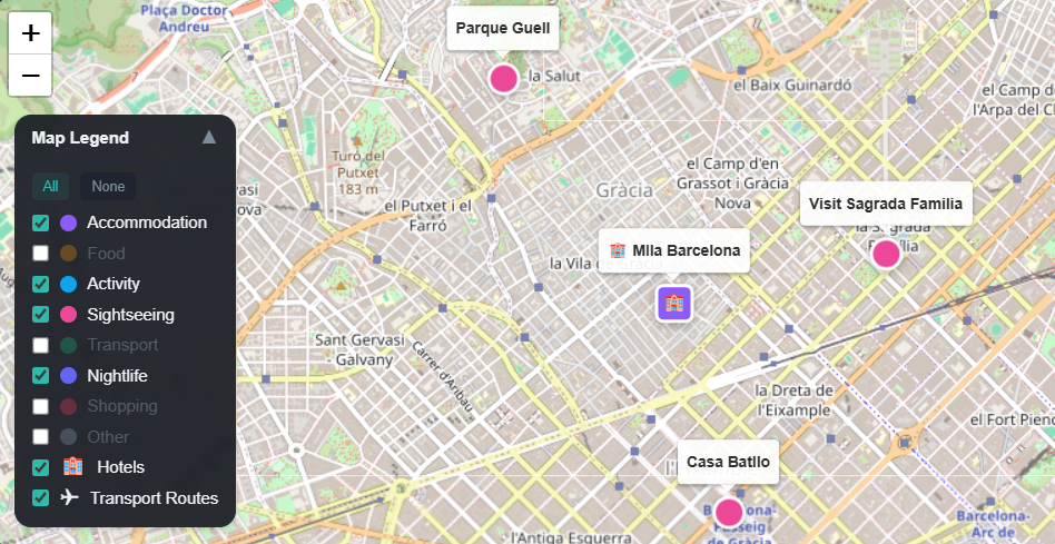Barcelona trip map with legend and category pins