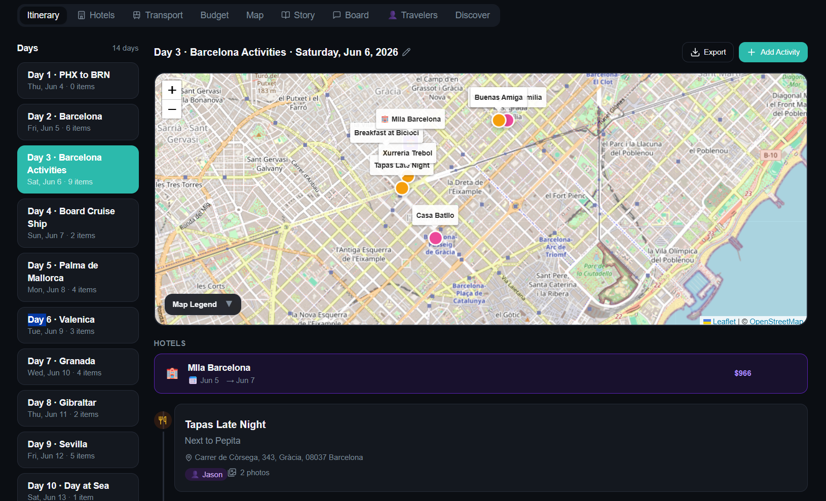 Trip page with days sidebar, live map, hotels and activities