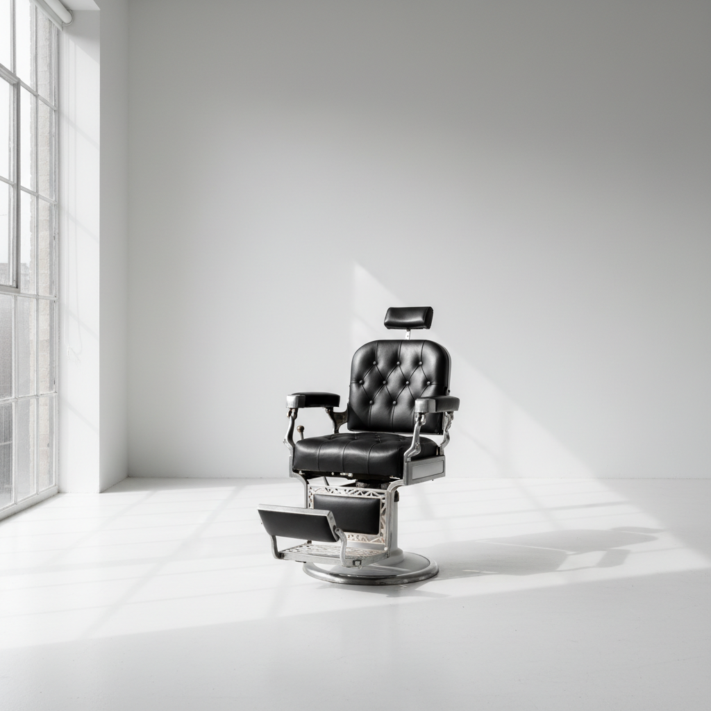 White studio with barber chair and mannequin
