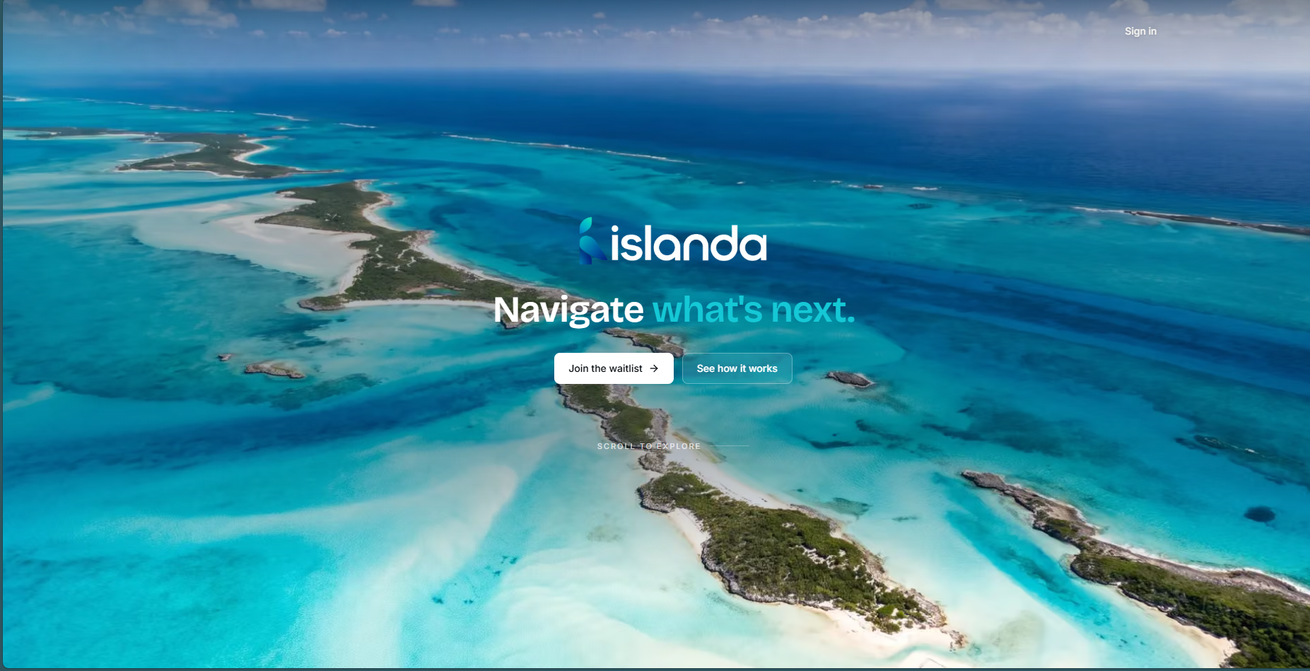 Islanda landing page with aerial Caribbean waters and navigation prompt