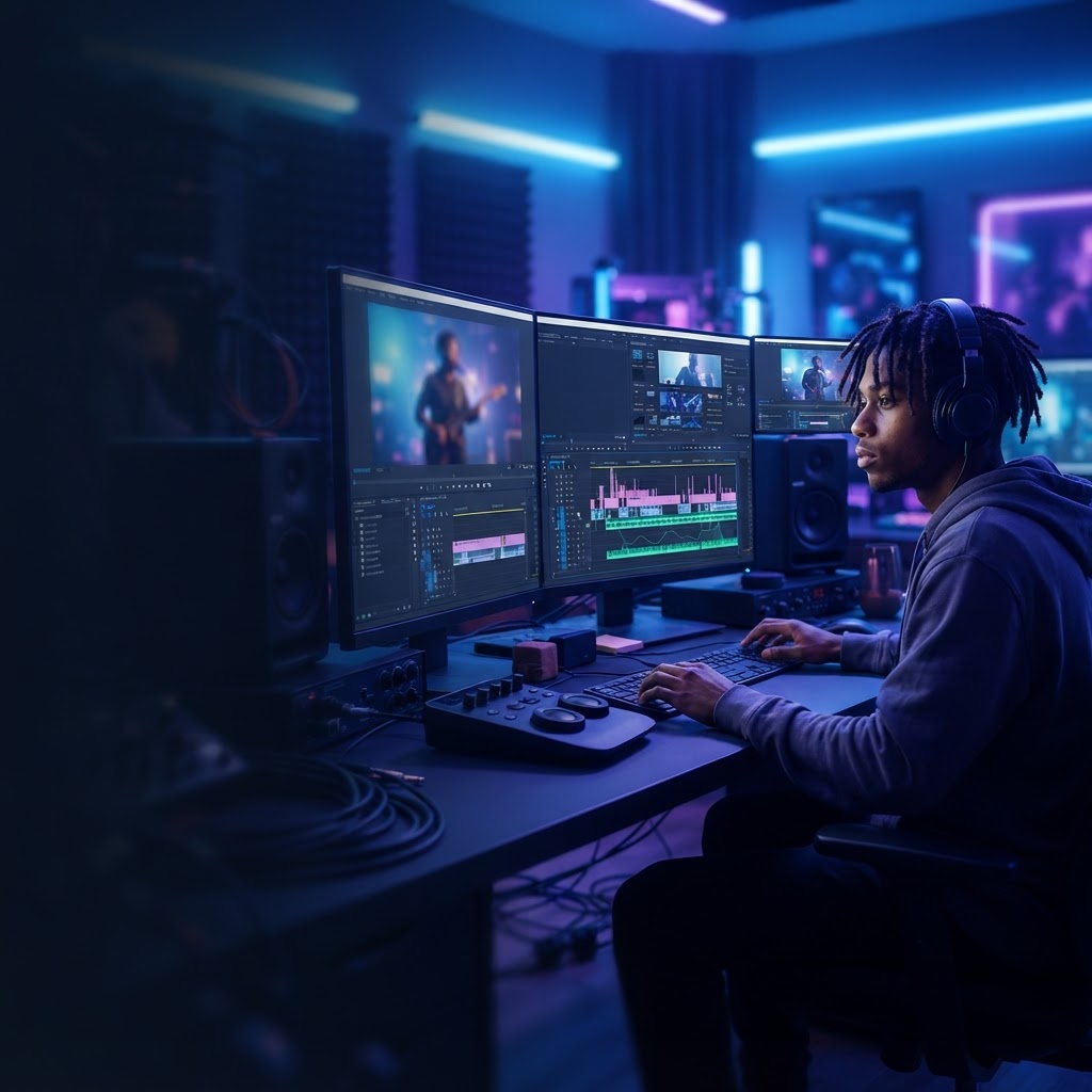 Creator editing video on multiple monitors