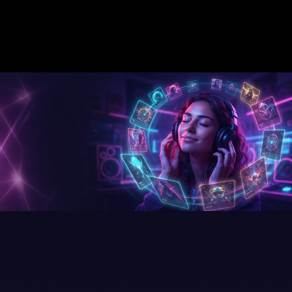 Creator enjoying music in a neon discovery lounge