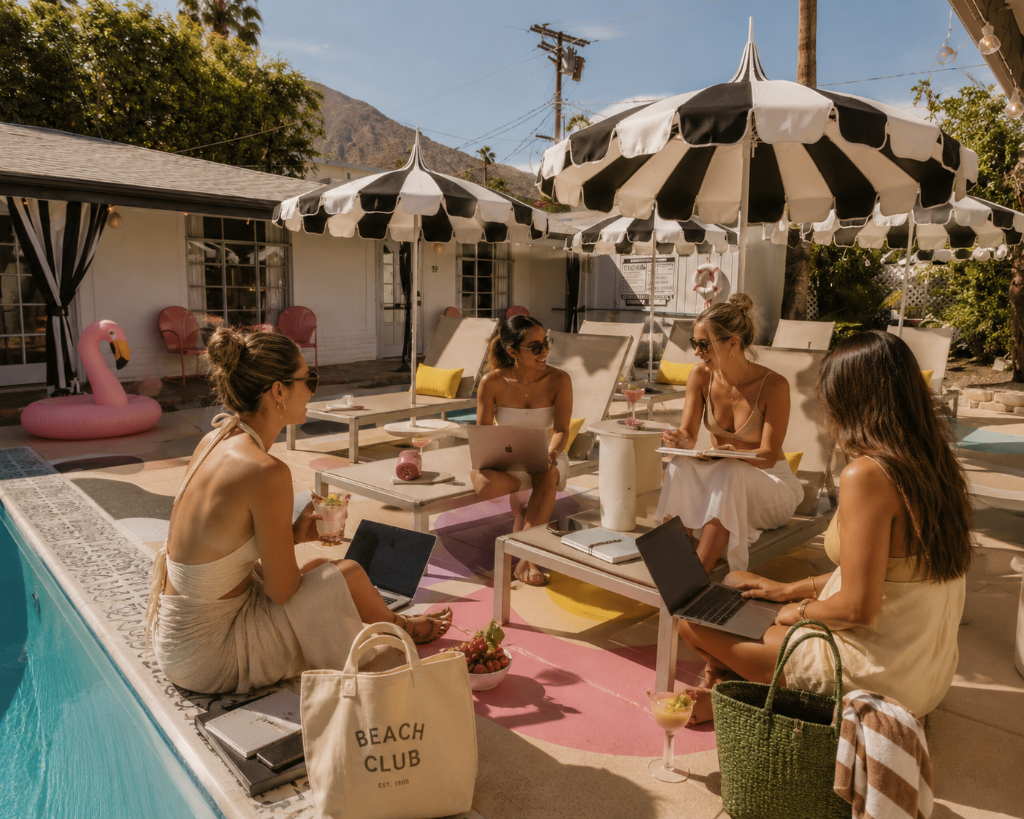 Women working poolside