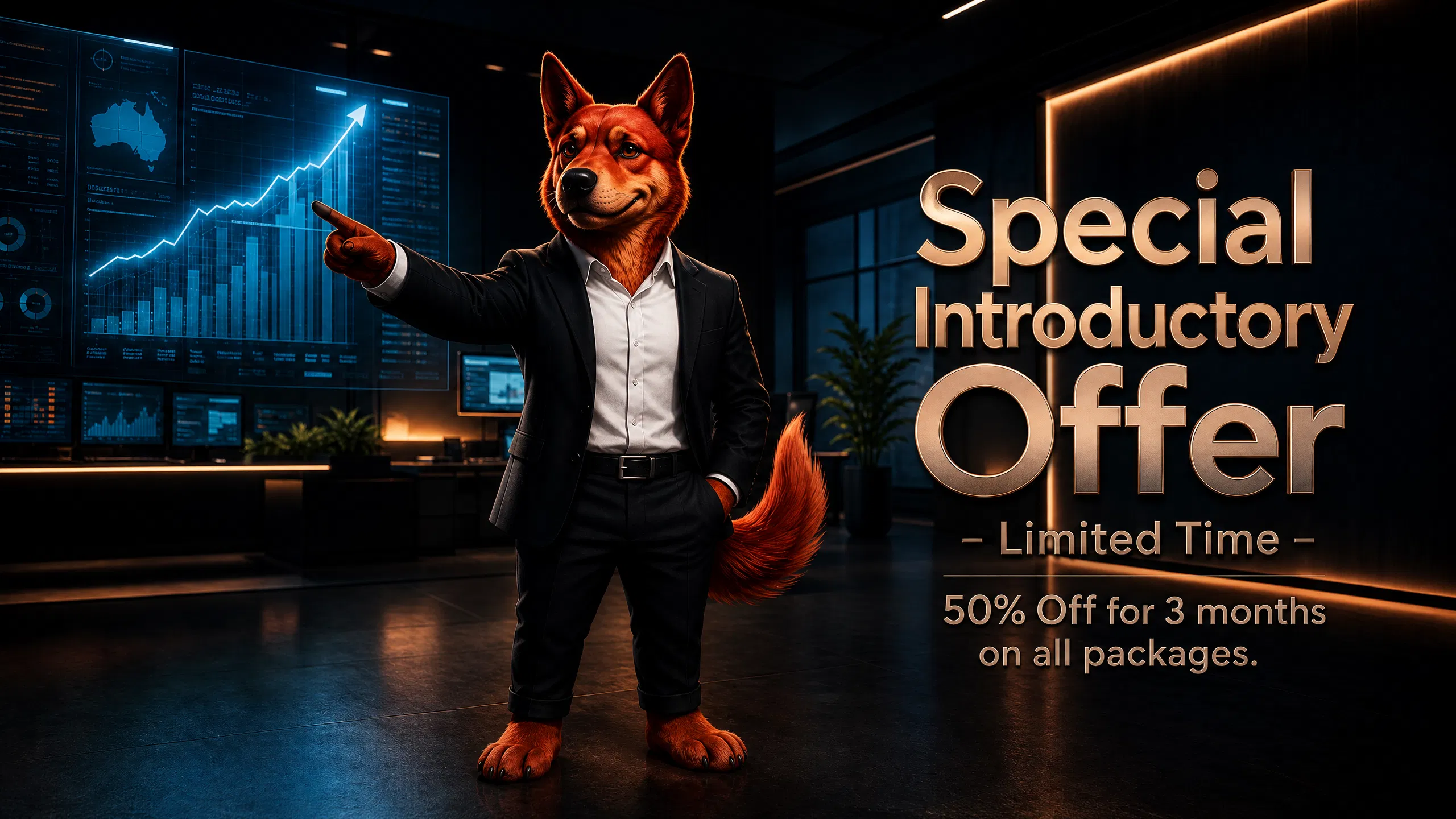 Red Dog Advantage mascot presenting the special introductory offer of 50% off for 3 months on all software packages