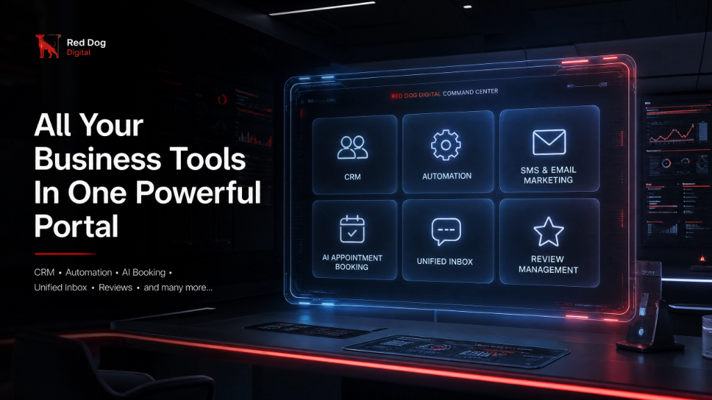 Red Dog Digital business command center portal showing CRM, automation, SMS and email marketing, AI appointment booking, unified inbox, and review management tools all in one dashboard