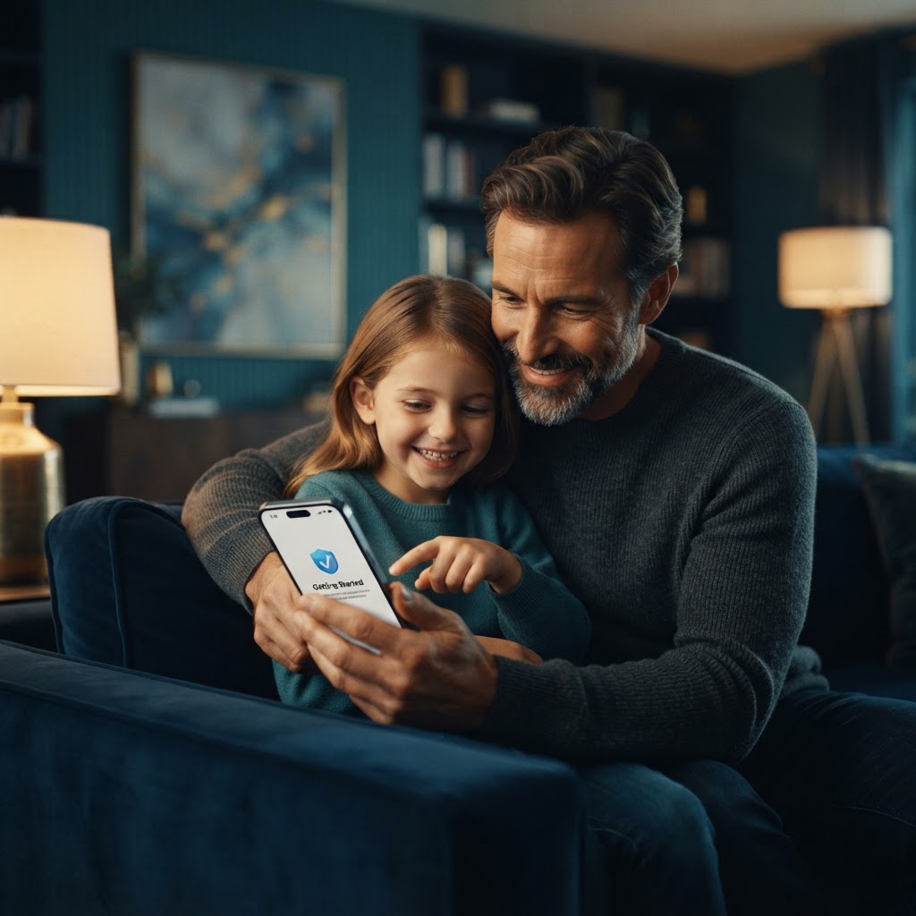 A parent and child setting up an iPhone together
