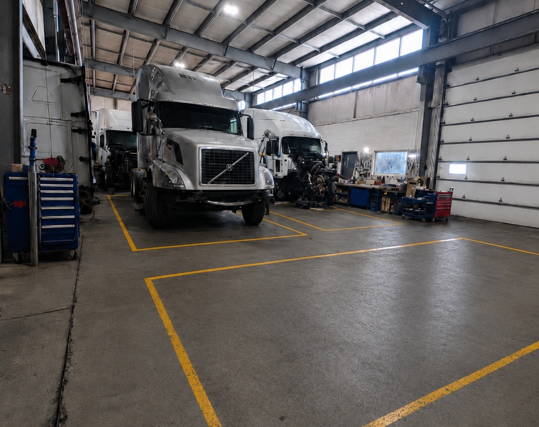 Organized mechanic shop interior with service bays, trucks, industrial lighting, and painted floor layout lines