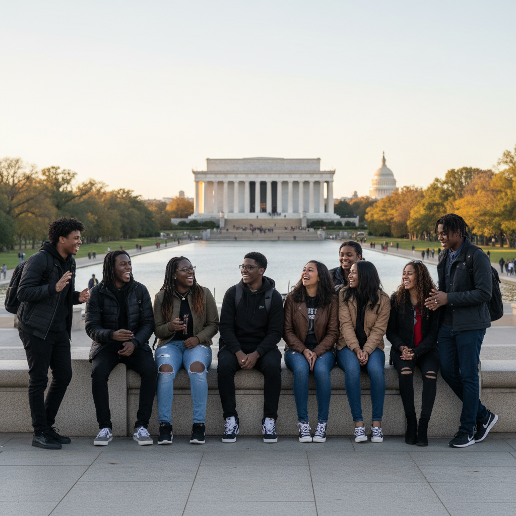 Ethnically diverse group of young adults, adolescents, and children together