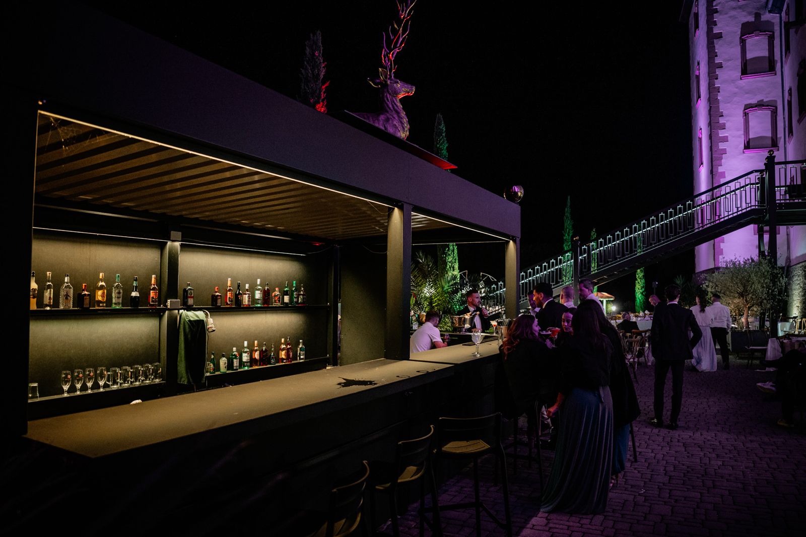 Pink beleuchteter Hirschkopf über der Bar bei Nacht