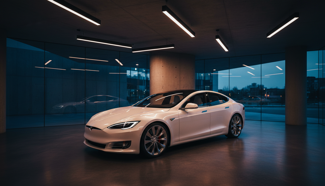 Premium electric sedan in modern residential lobby at twilight