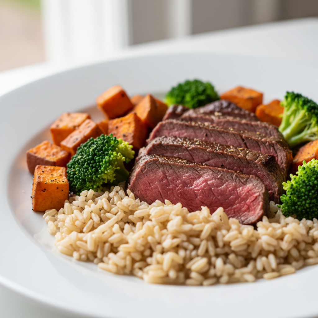 High-quality dog food ingredients including fresh beef, sweet potato and vegetables