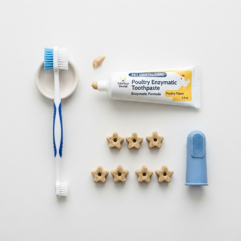 Pet dental care products laid out flat — toothbrush, enzymatic toothpaste, dental chews and finger brush