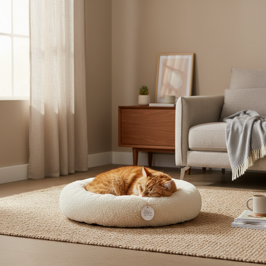 A cat sleeping peacefully in a new cat bed