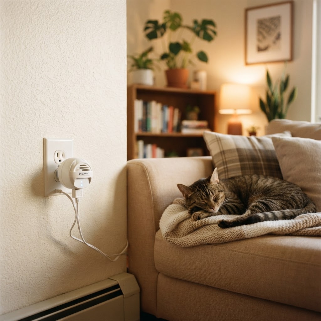 A pheromone diffuser plugged into a wall outlet with a relaxed cat nearby