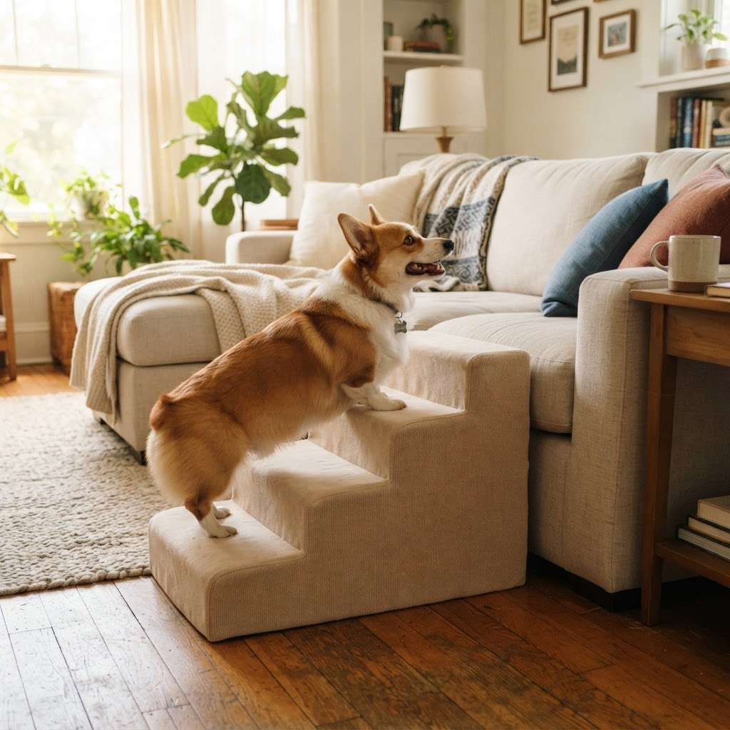 Corgi climbing pet stairs