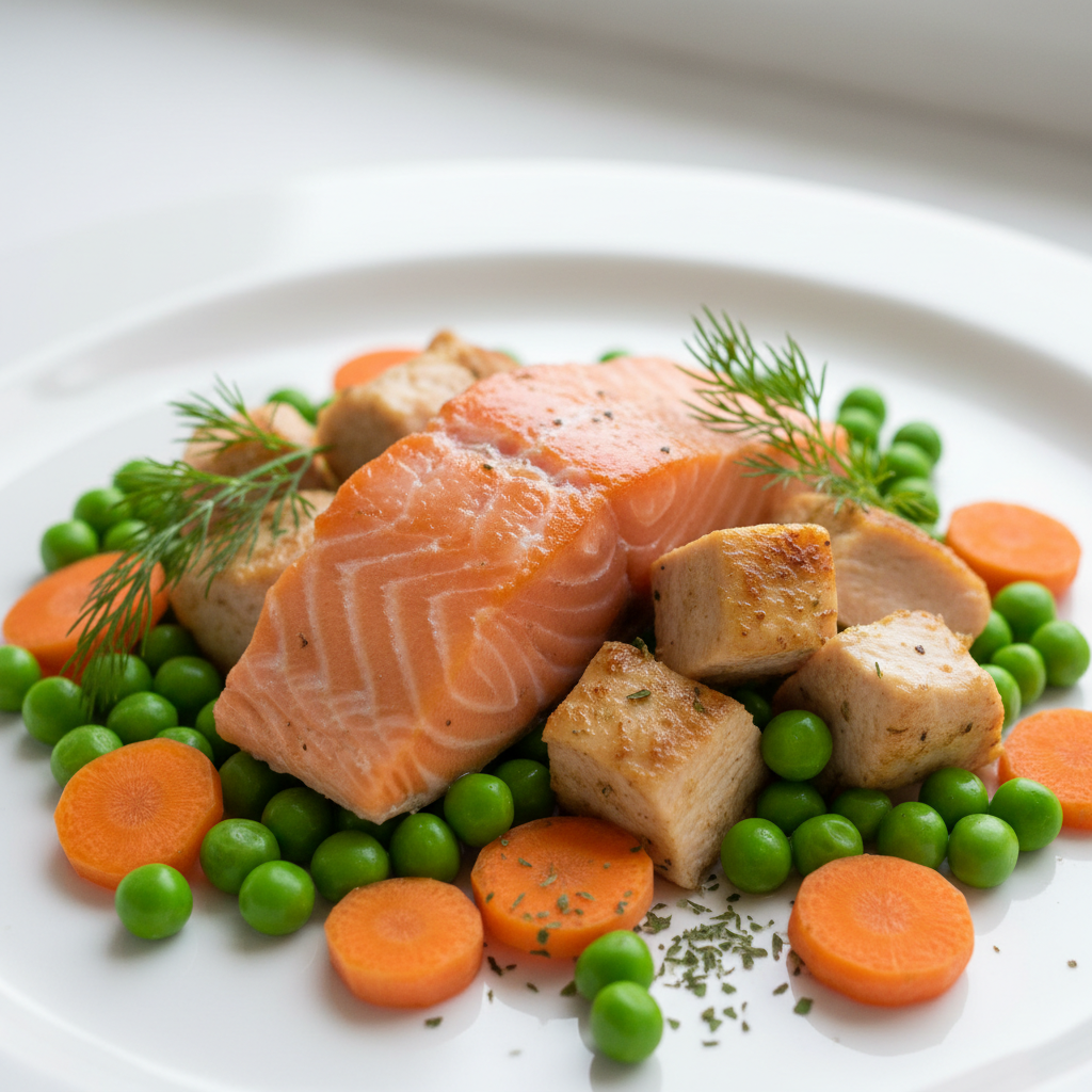 Fresh, high-quality cat food ingredients including salmon, chicken and vegetables