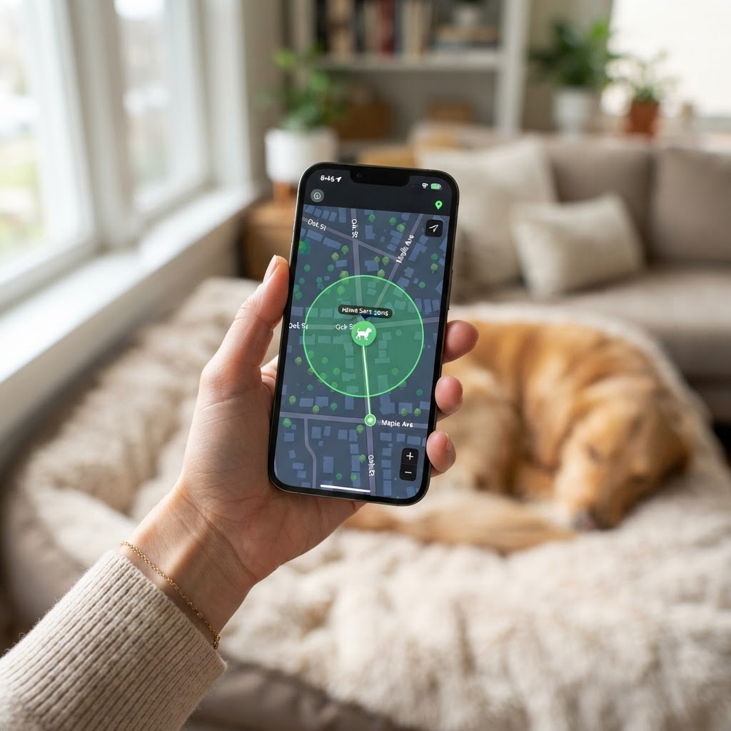 A smartphone showing a pet GPS tracking app with a live location map