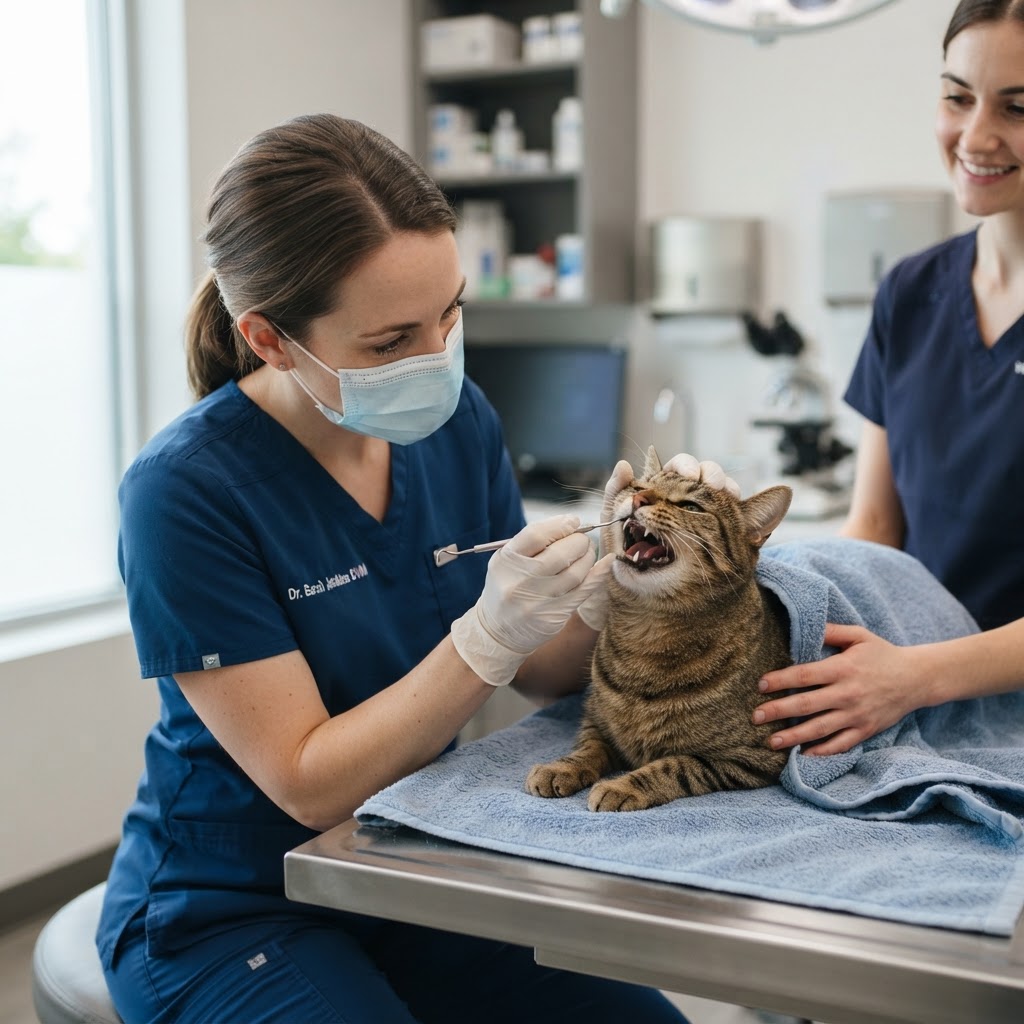 A veterinarian examining a cat's teeth and gums during a check-up