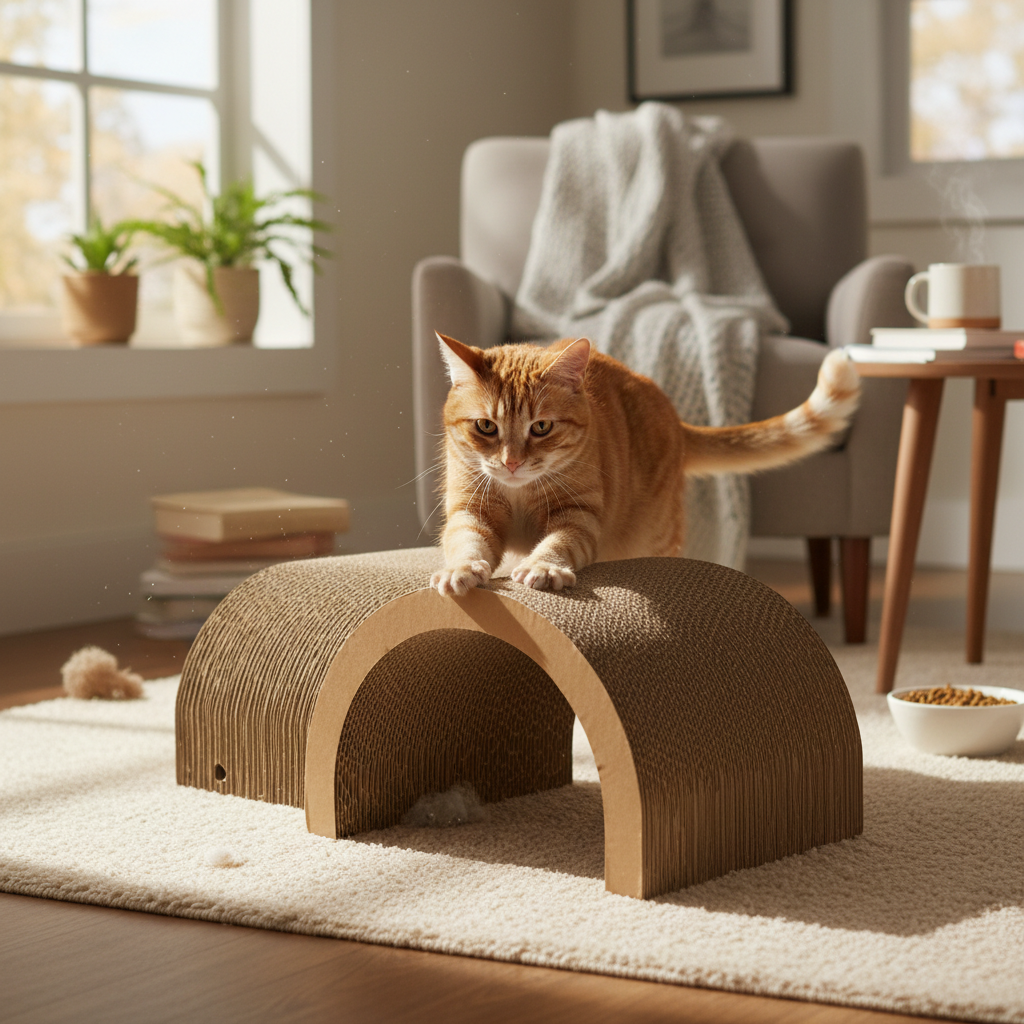 A cat confidently playing with a scratcher after initially ignoring it