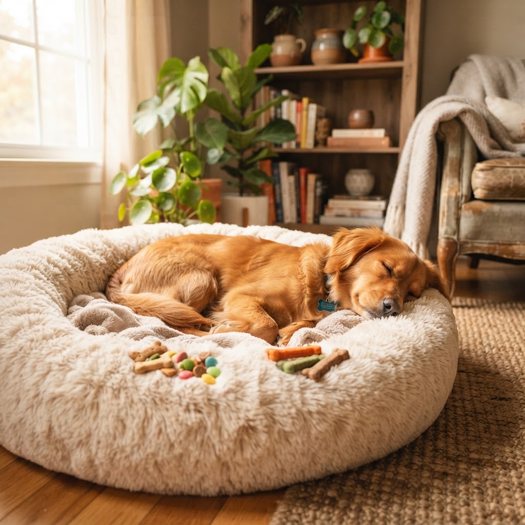 Comfortable pet bed and treats