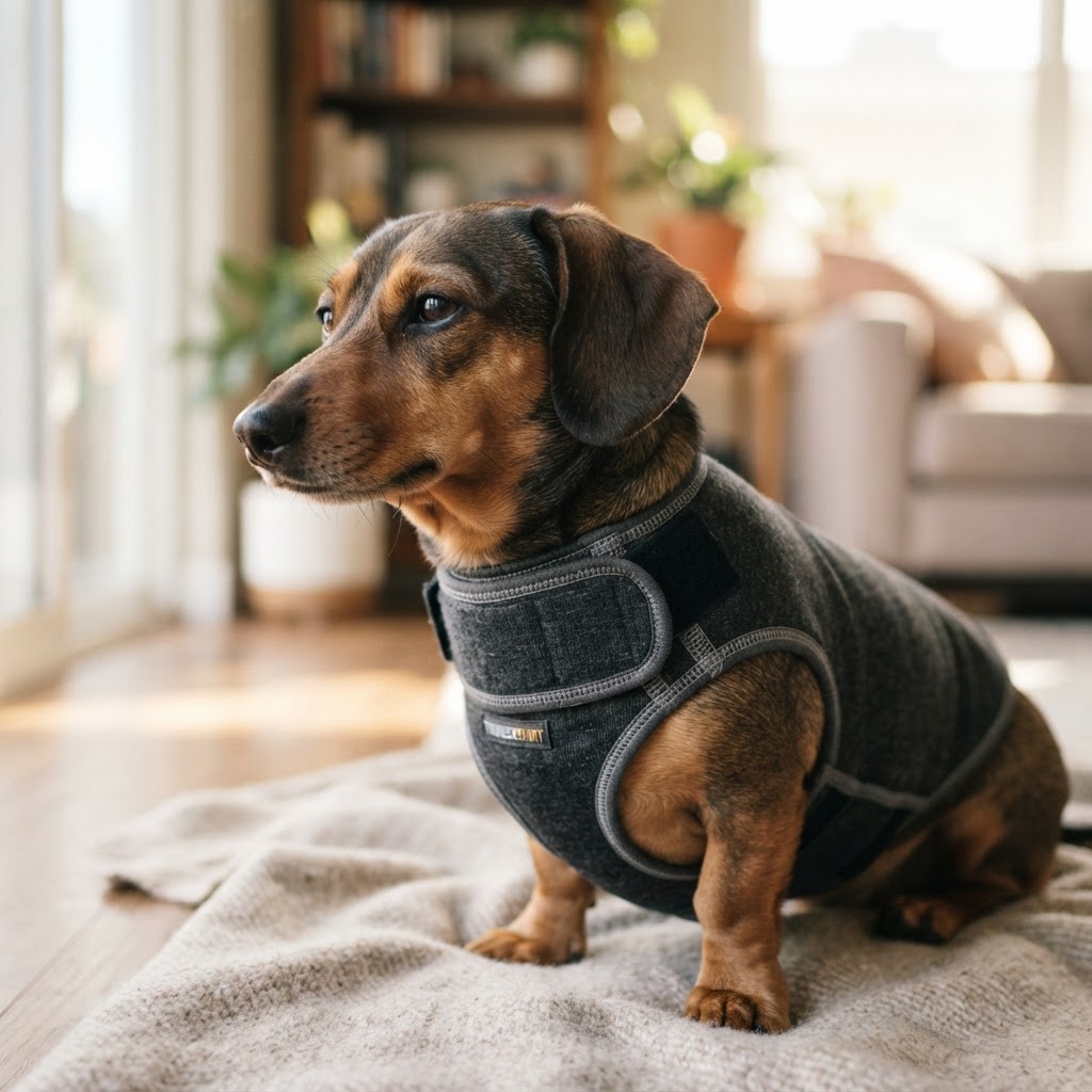 A snug-fitting calming anxiety wrap vest on a relaxed small dog
