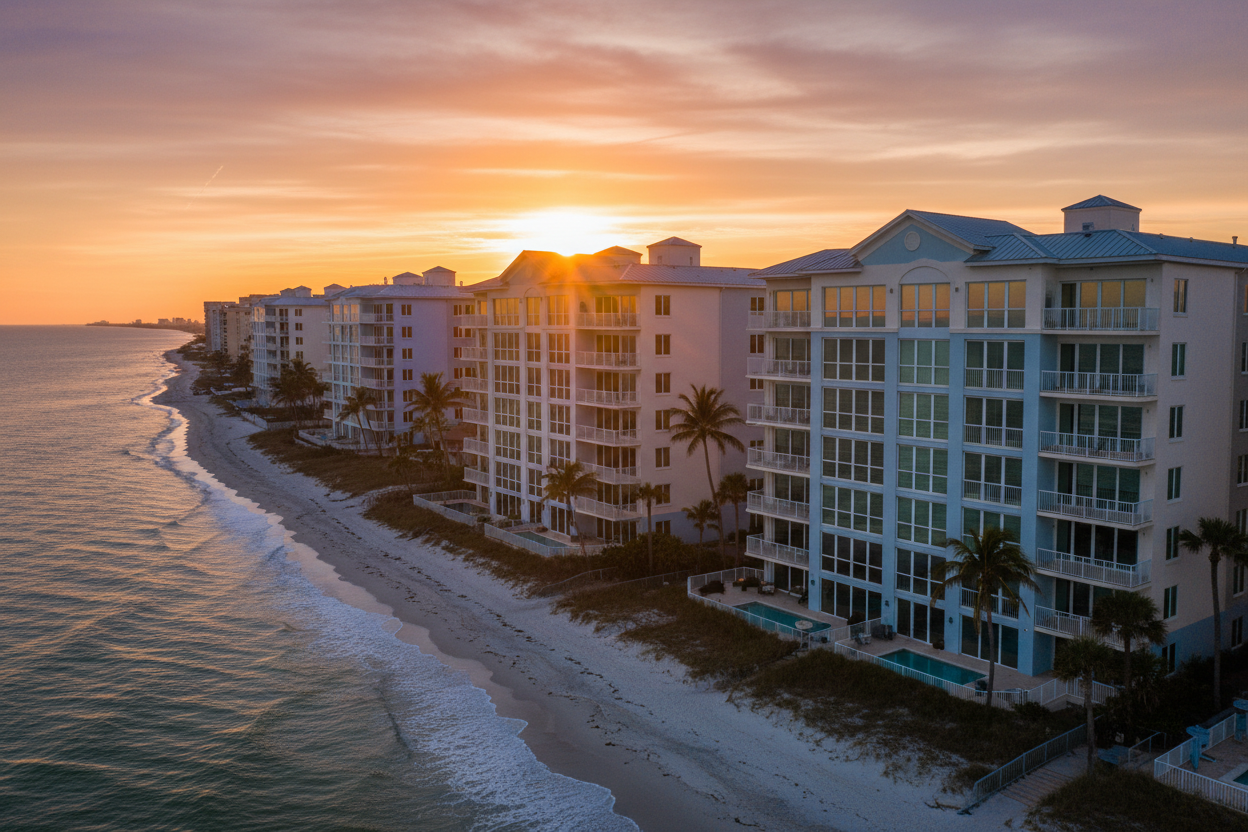 Beachfront condos with clean windows at sunset