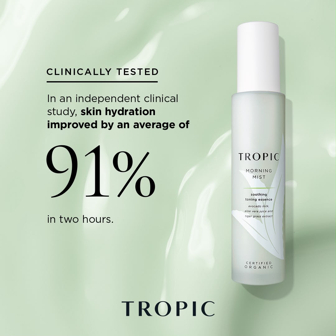 Clinically tested Tropic Morning Mist soothing toning essence, skin hydration improved by an average of 91% in two hours