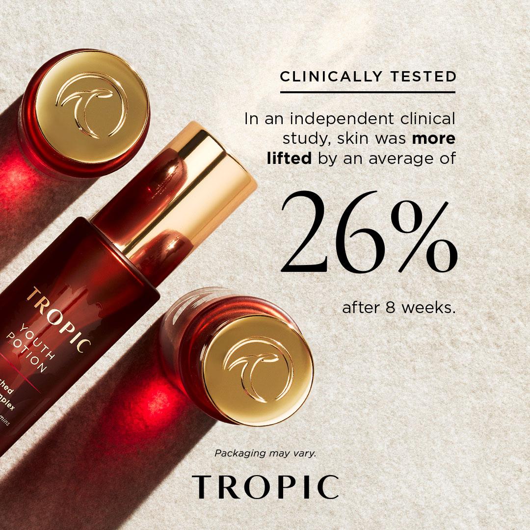 Clinically tested Tropic Youth Potion, skin was more lifted by an average of 26% after 8 weeks