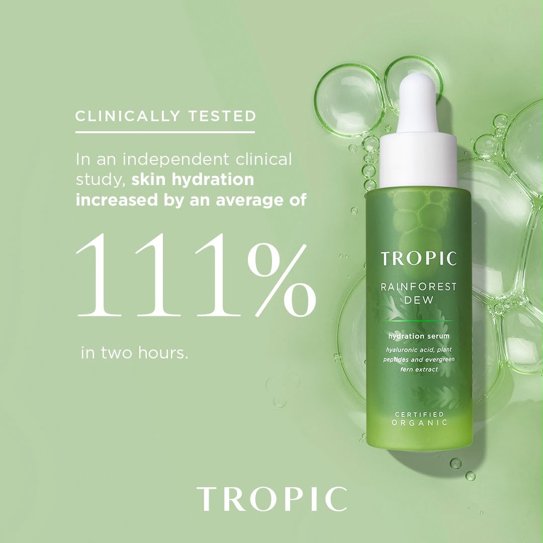 Clinically tested Tropic Rainforest Dew hydration serum, skin hydration increased by an average of 111% in two hours