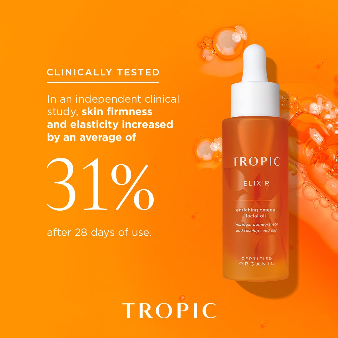 Clinically tested Tropic Elixir enriching omega facial oil, skin firmness and elasticity increased by an average of 31% after 28 days of use