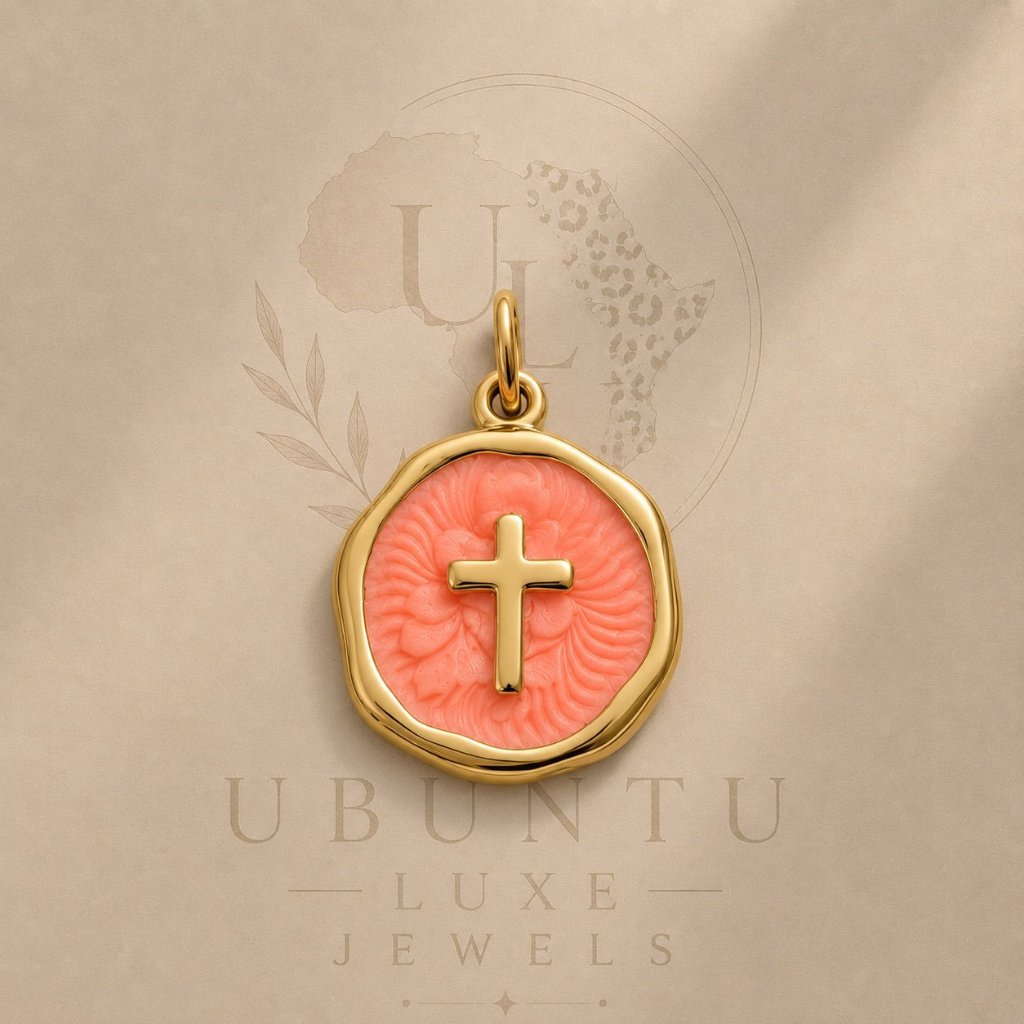 Cross Medallion Charm — Coral Enamel