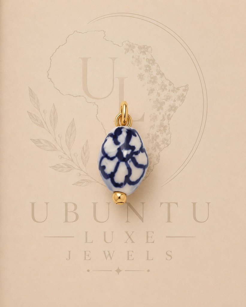 Blue & White Porcelain Bead Charm — Gold