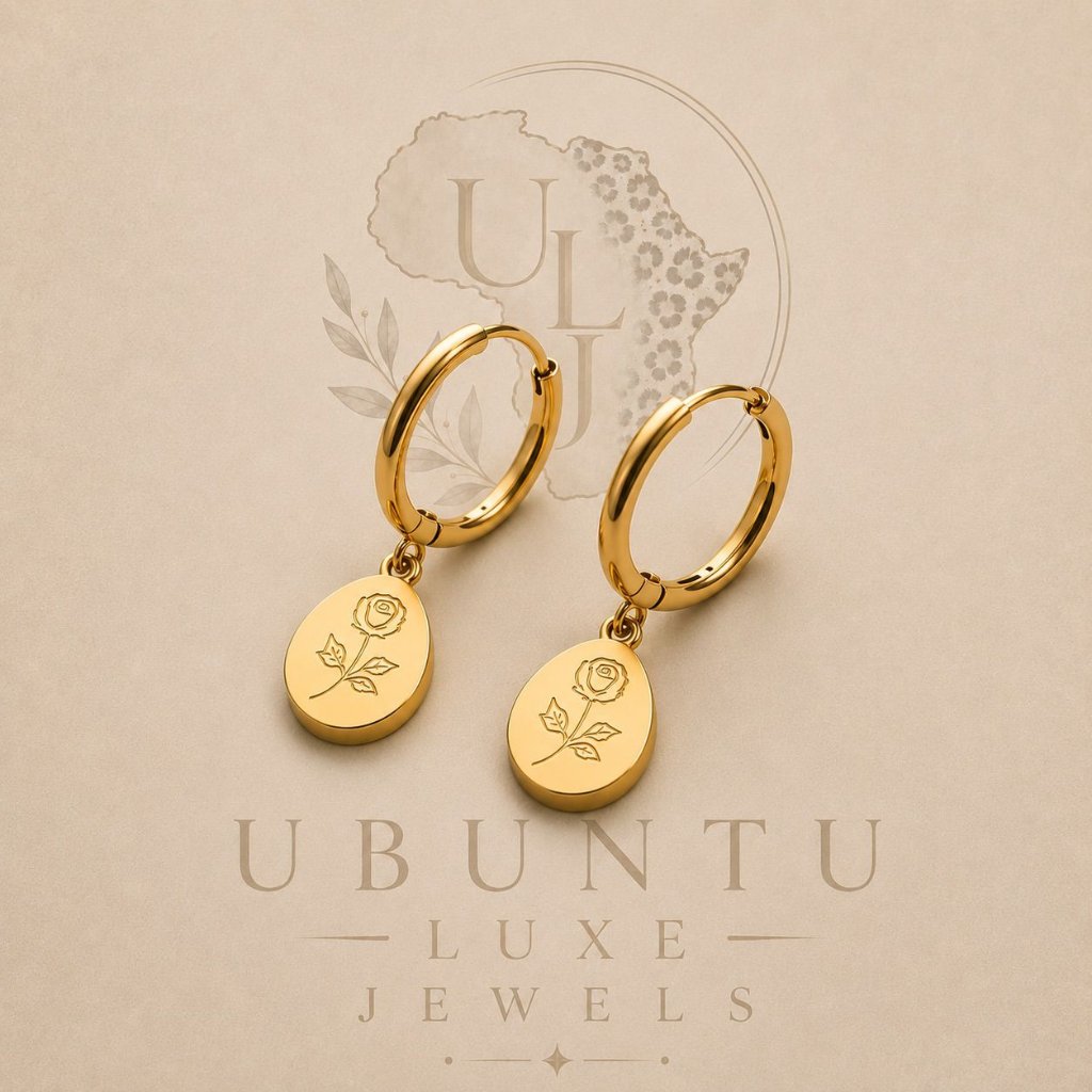 Rose Engraved Oval Medallion Earrings — Gold